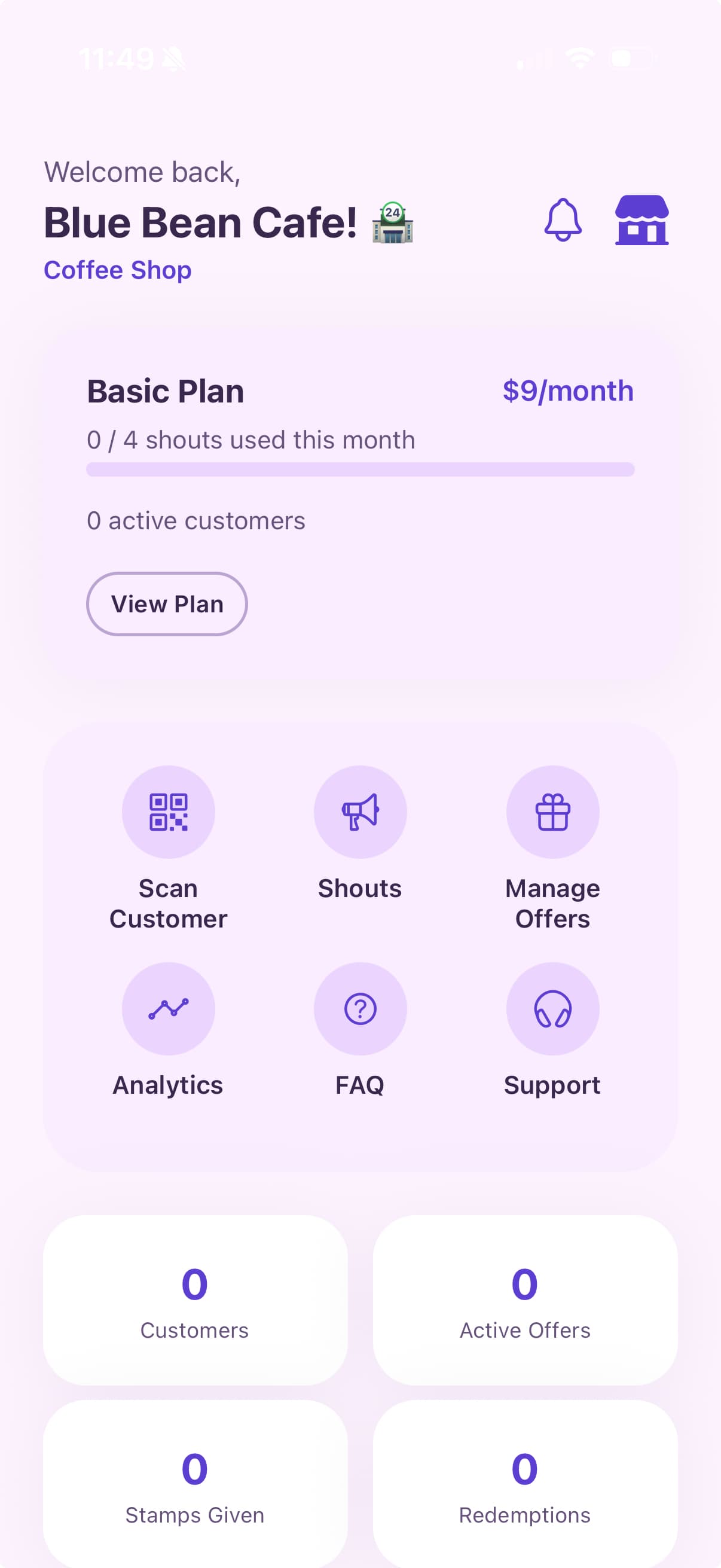 MyZappz app dashboard showing plan usage, quick actions, and customer stats